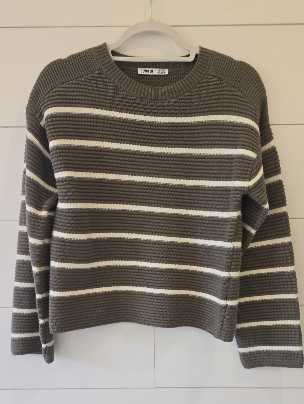 Olivero Olive Green & White Striped Crewneck Sweater